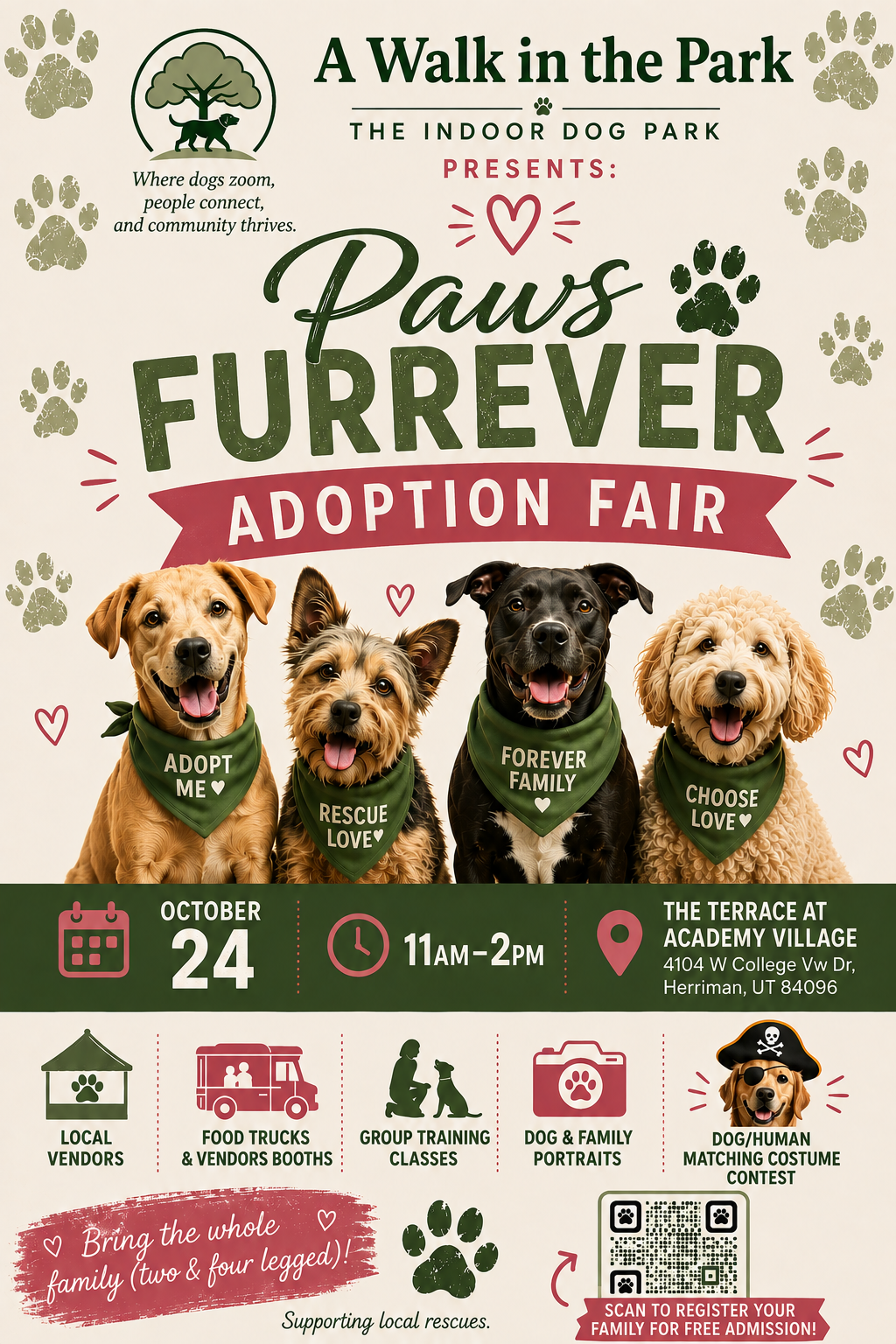 Paws Furrever Adoption Fair flyer — October 24, 11AM–2PM at The Terrace at Academy Village