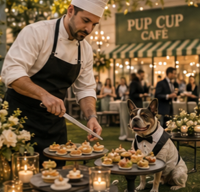 Chef plating pup-friendly appetizers for a French Bulldog in a bow tie