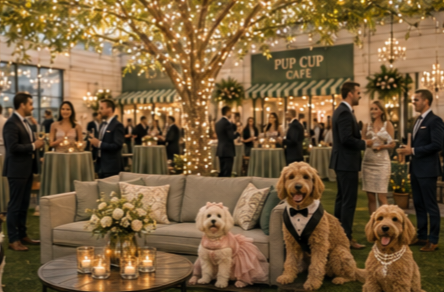 Three dogs dressed up sitting together on a lounge sofa