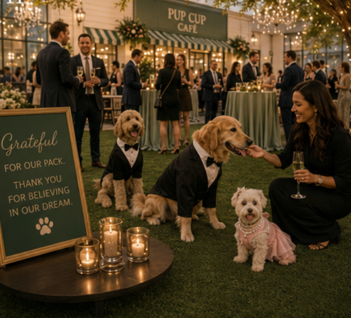 Golden retriever, doodle, and Maltese with their host beside a sign reading Grateful For Our Pack
