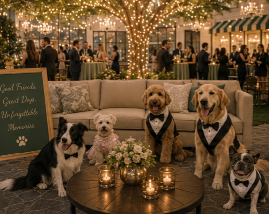 Dogs in tuxedos gathered on a lounge sofa under the light-wrapped tree at the Grand Opening VIP Soirée