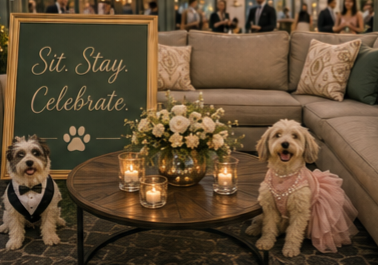 Two dressed-up dogs beside a sign reading Sit. Stay. Celebrate.