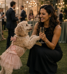 Guest sharing a toast with a dressed-up Goldendoodle