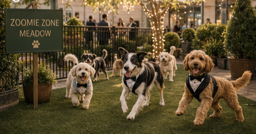 Dogs running through the Zoomie Zone Meadow