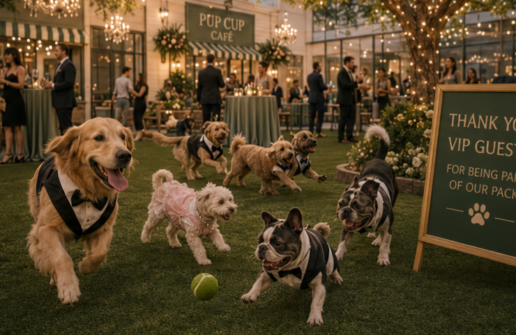 Dogs running and playing on the lawn in front of the Pup Cup Café