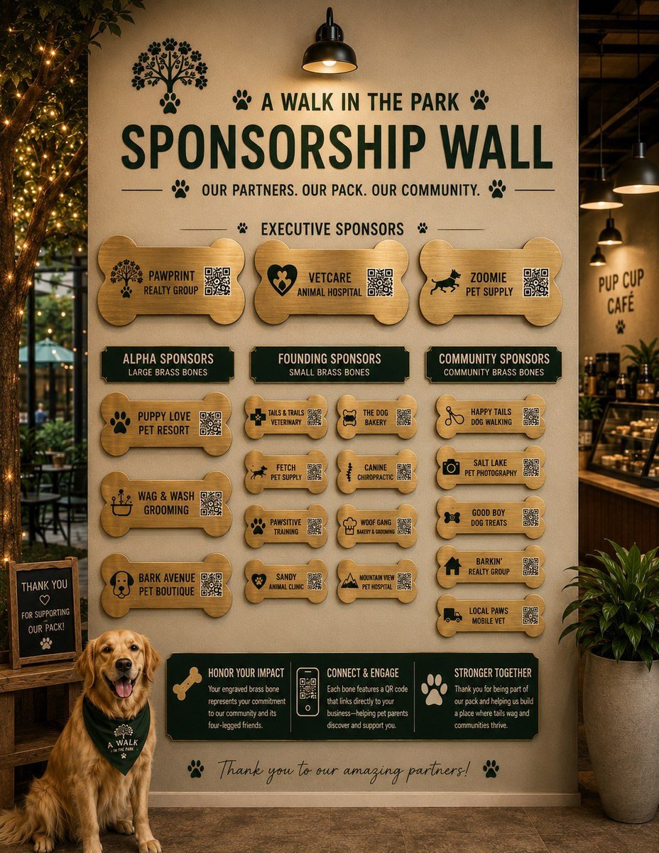 A Walk in the Park Sponsorship Wall — engraved brass bones for Legacy, Alpha, Founding, and Community sponsors
