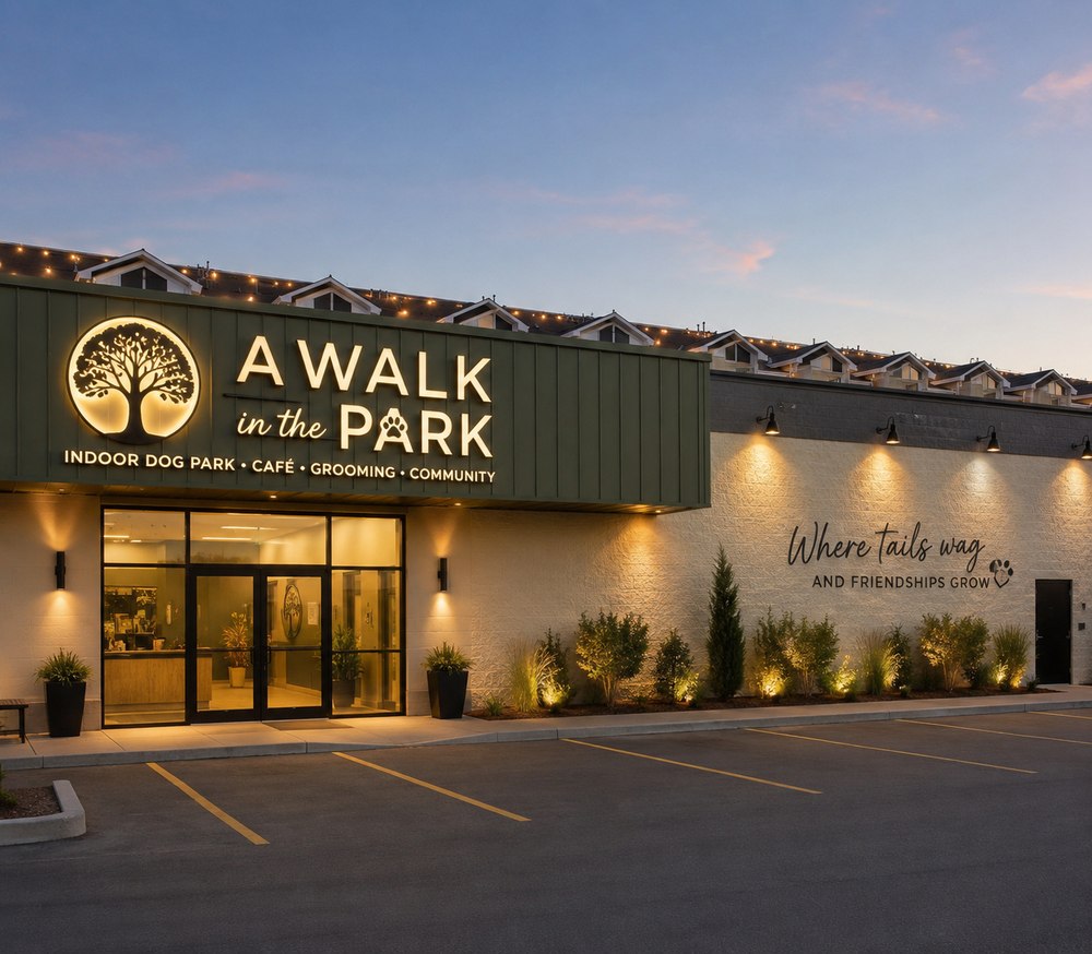 A Walk in the Park storefront exterior at dusk