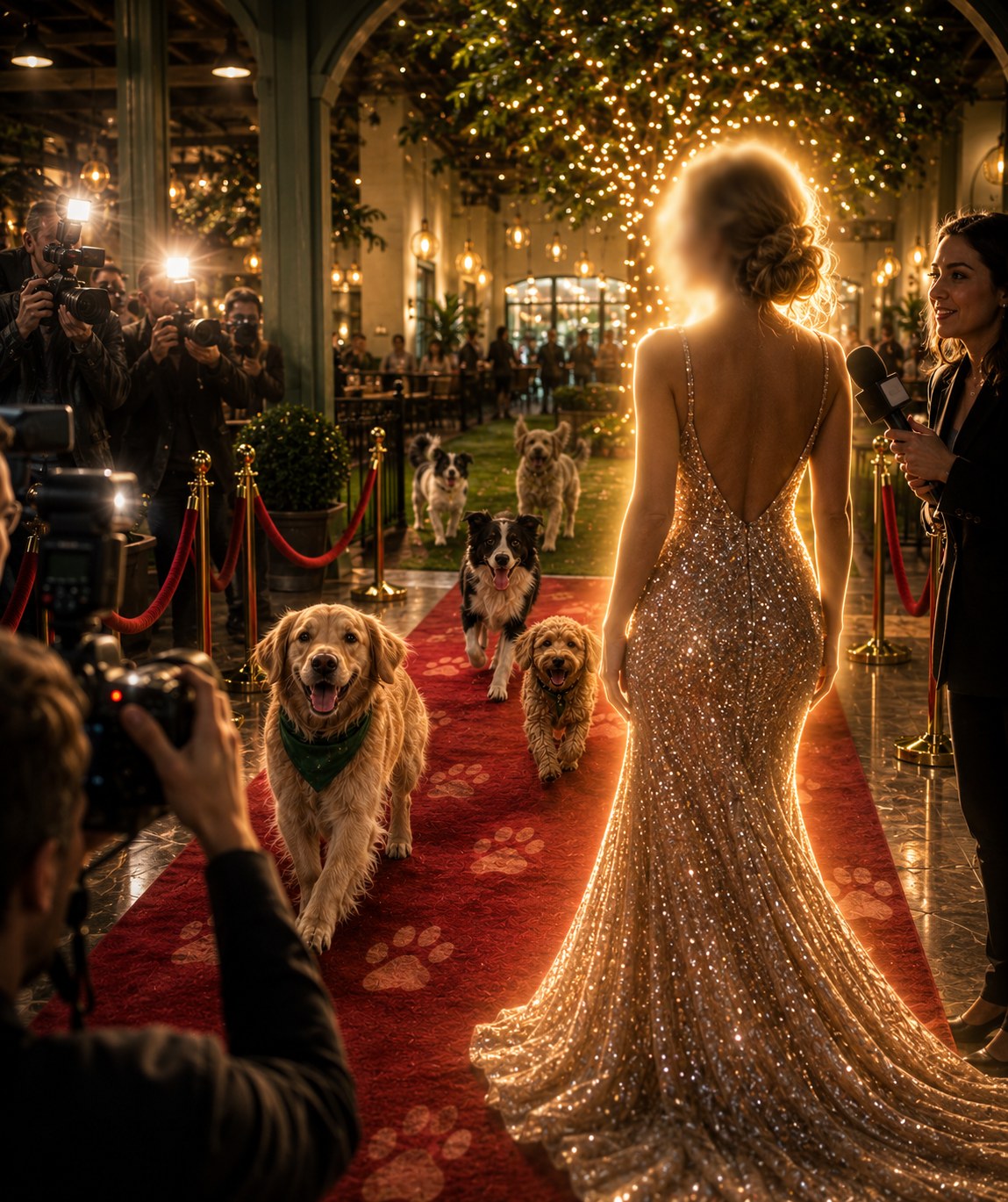 Red carpet moment with dogs and press at A Walk in the Park