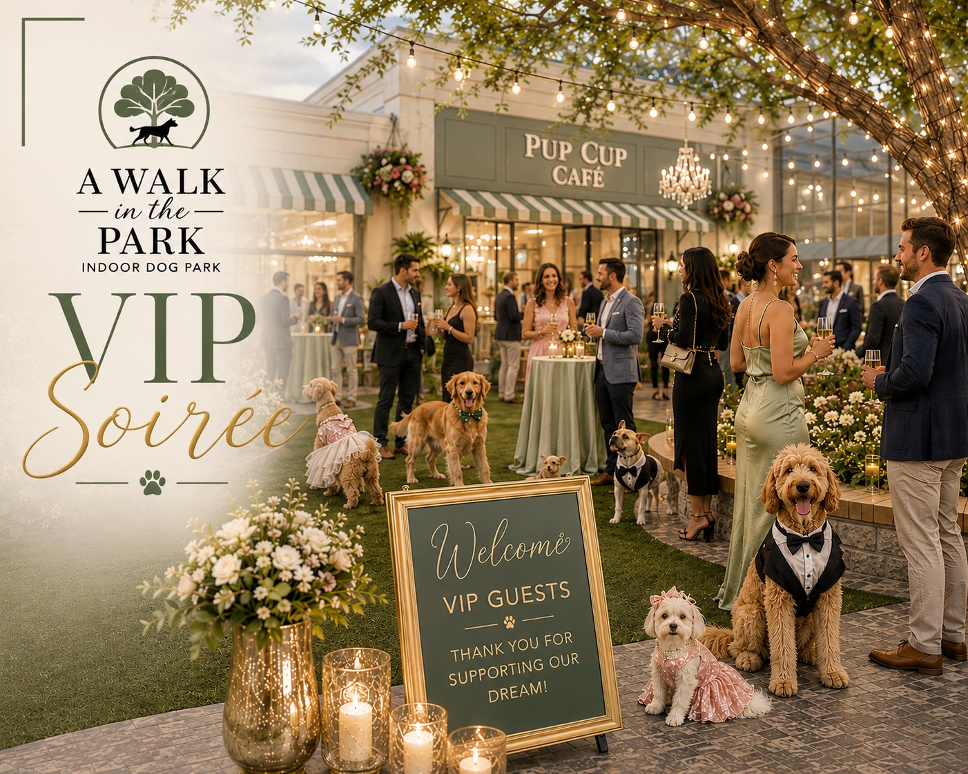 Grand Opening VIP Soirée at A Walk in the Park — guests and their dogs celebrating under the light-wrapped tree